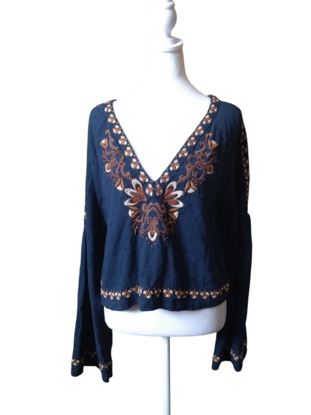 Free People Size Small Embroidered High Times Bell Sleeve Crop Top  Bohemian